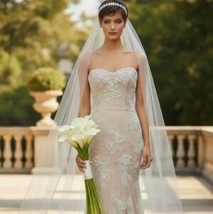 Monique Lhuillier Bliss Strapless Lace Wedding Gown in Nude and Ivory
